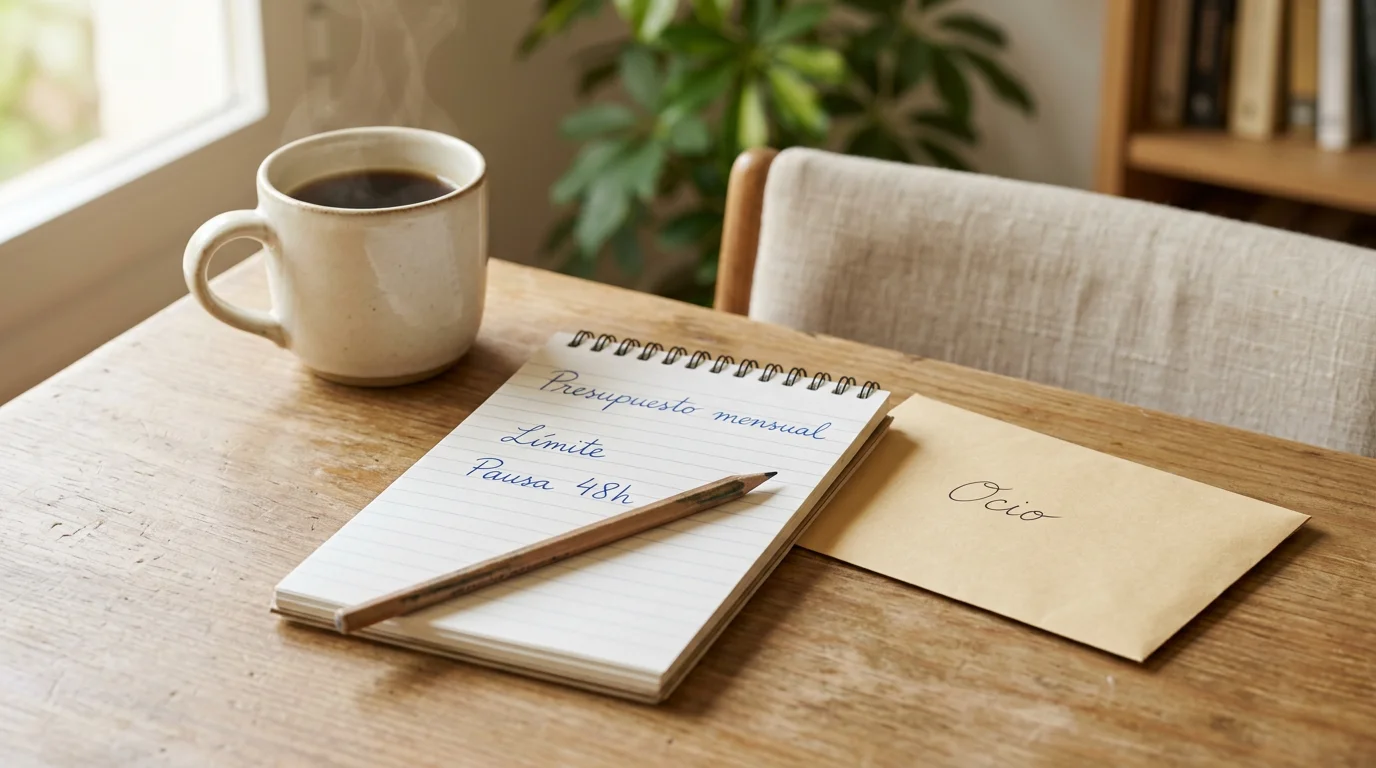 Persona revisa un cuaderno con anotaciones sobre apuestas y presupuesto mensual