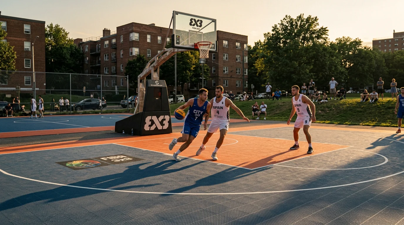 Cancha urbana de baloncesto 3x3 con jugadores durante un torneo FIBA