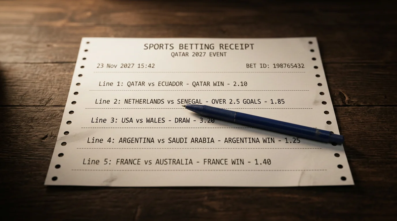 Mano sosteniendo un ticket de apuesta impreso con varias líneas de selección de partidos de baloncesto