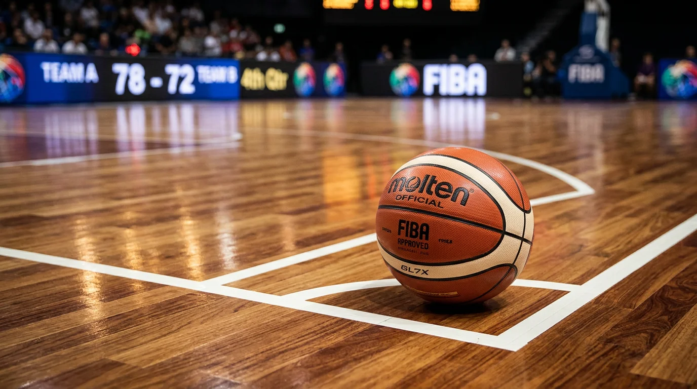 Balón oficial de baloncesto sobre parque de cancha FIBA con tablero electrónico al fondo