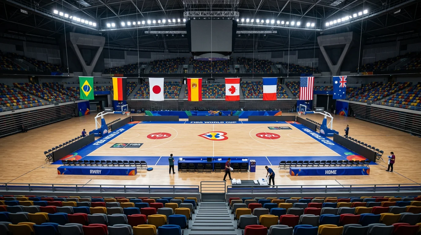Vista general de la cancha del Mundial FIBA con las banderas de los equipos del grupo colgadas del techo