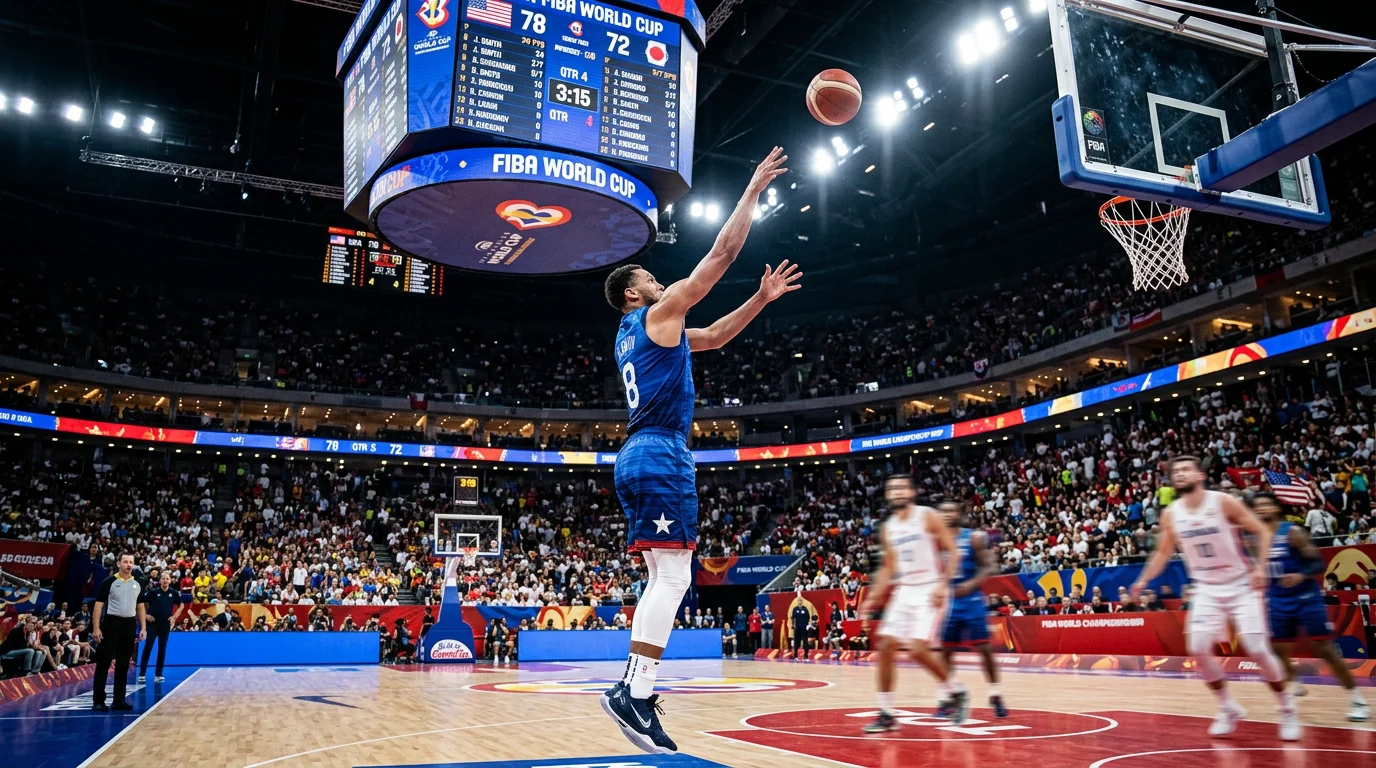 Escolta de selección nacional lanzando un triple en partido del Mundial FIBA con marcador visible