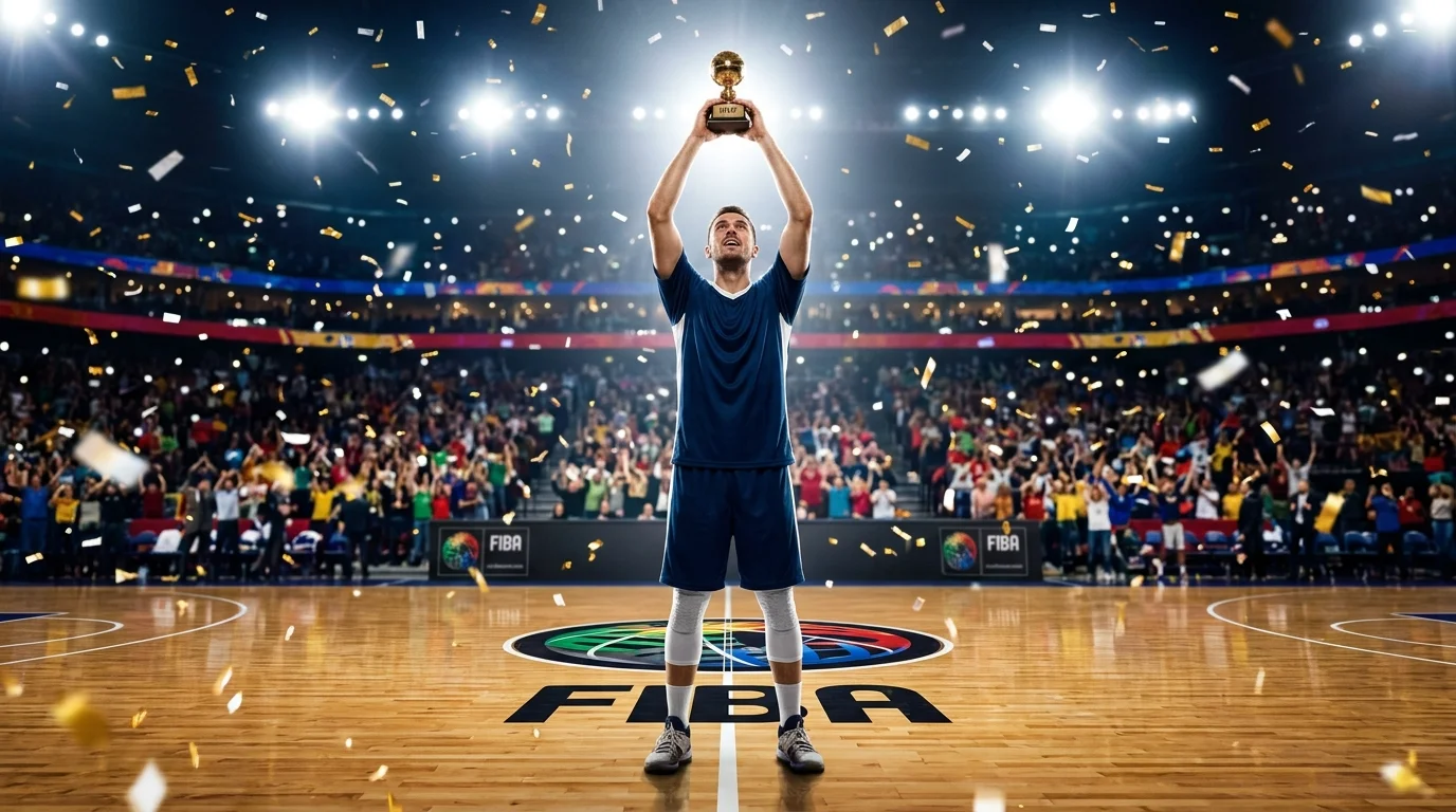 Jugador de baloncesto levantando un trofeo individual en la cancha tras la final del Mundial FIBA