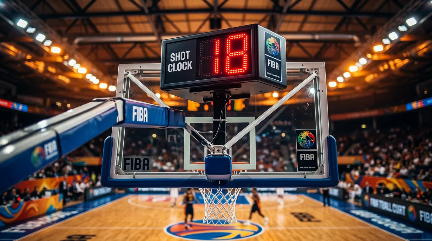 Reloj de posesión de 24 segundos encendido sobre tablero de cancha FIBA durante el primer cuarto