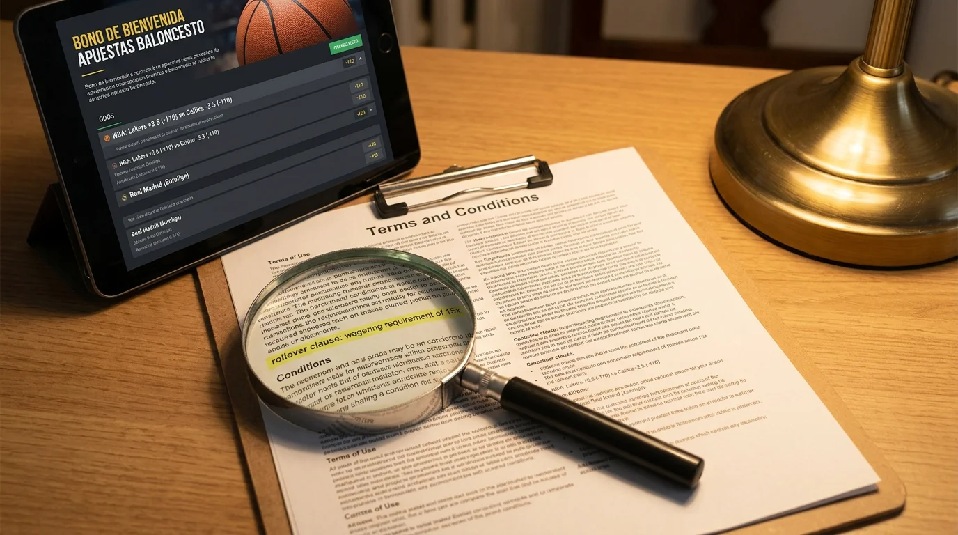 Documento con condiciones de bono de bienvenida y cuotas de baloncesto en segundo plano