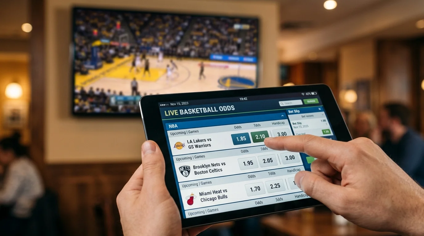 Panel de cuotas decimales con partido de baloncesto en primer plano