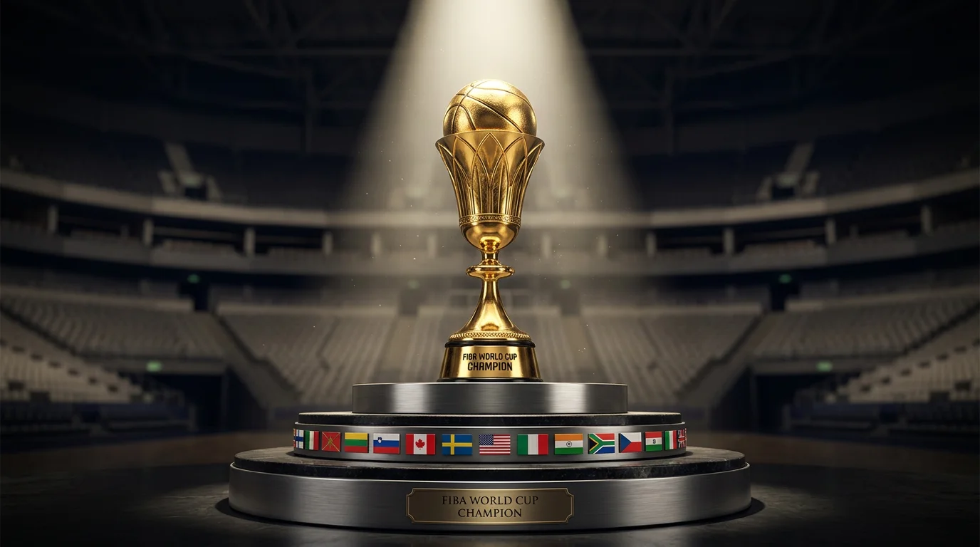 Trofeo del Mundial FIBA junto a podio con banderas de selecciones clasificadas