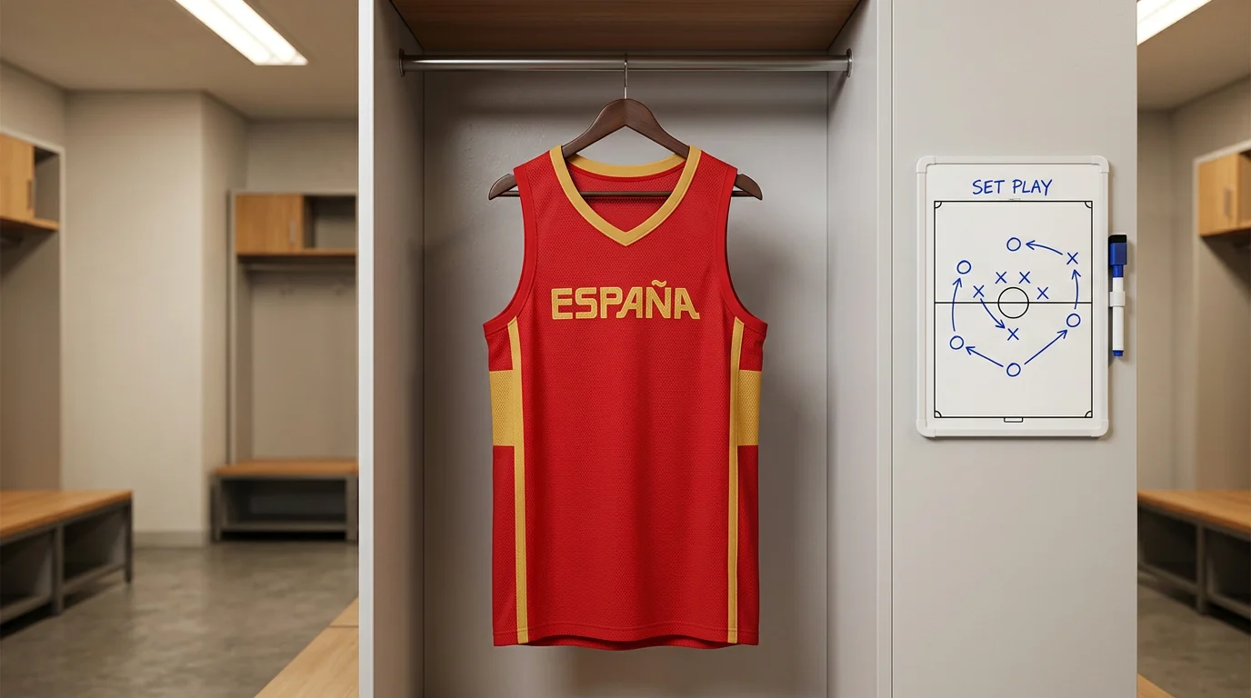 Camiseta roja de la selección española de baloncesto colgada en el vestuario antes de un partido FIBA