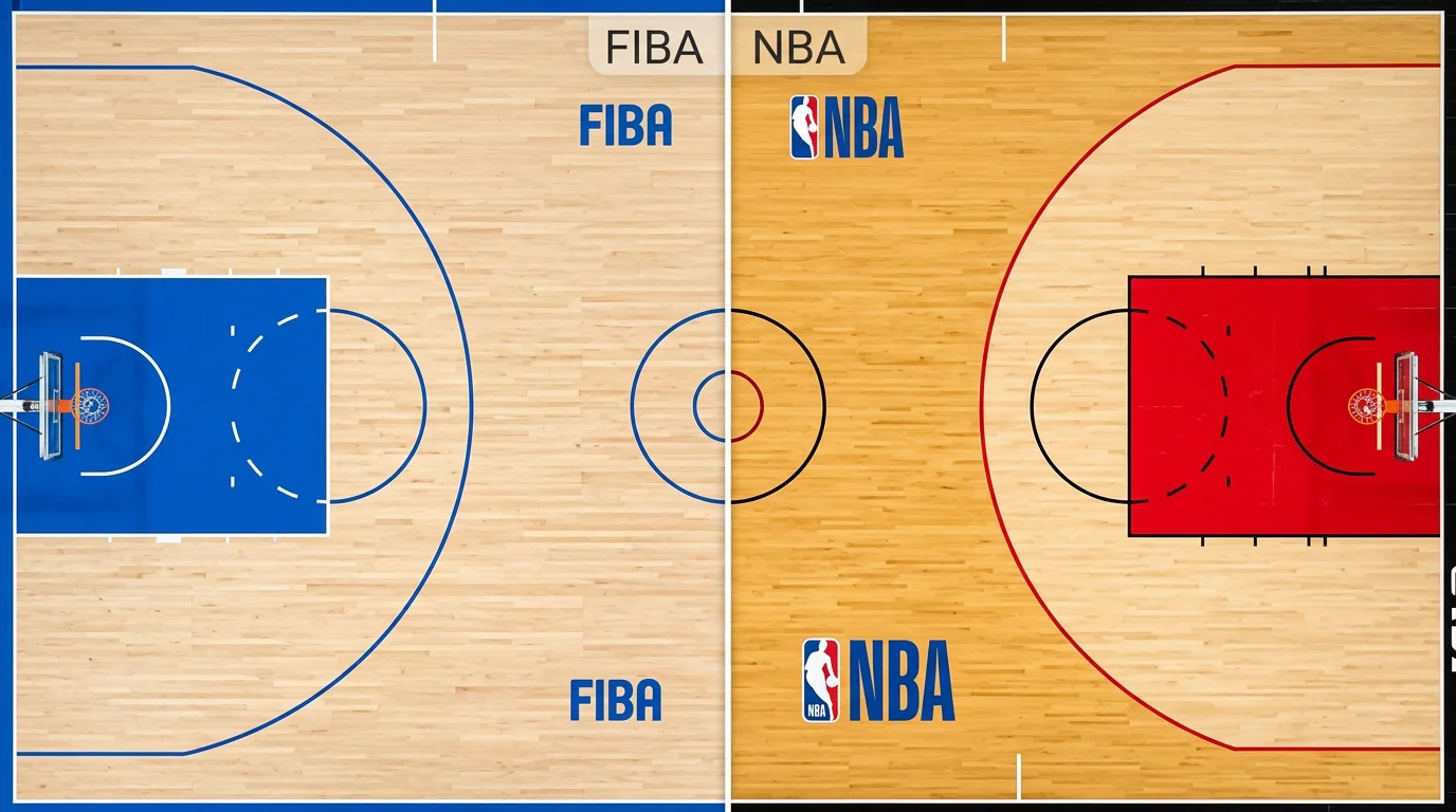 Dos canchas de baloncesto en paralelo mostrando las líneas de triple FIBA y NBA con medidas visibles