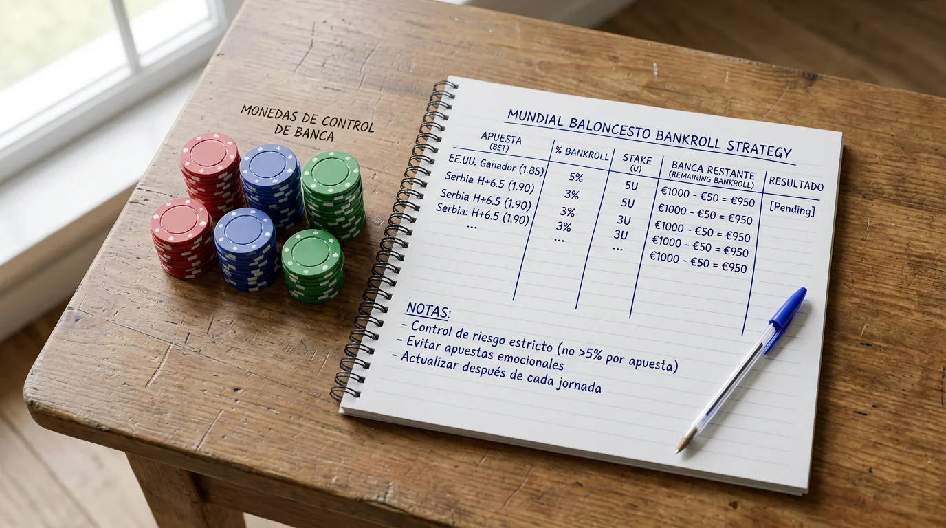 Cuaderno con plan de bankroll y fichas de apuestas organizadas por tamaño