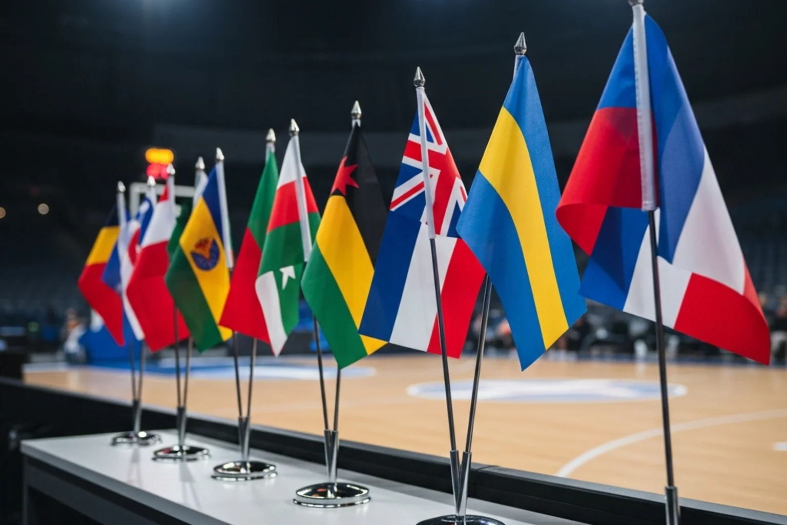 Banderas de selecciones de baloncesto alineadas junto a la cancha del Mundial FIBA antes de la ceremonia