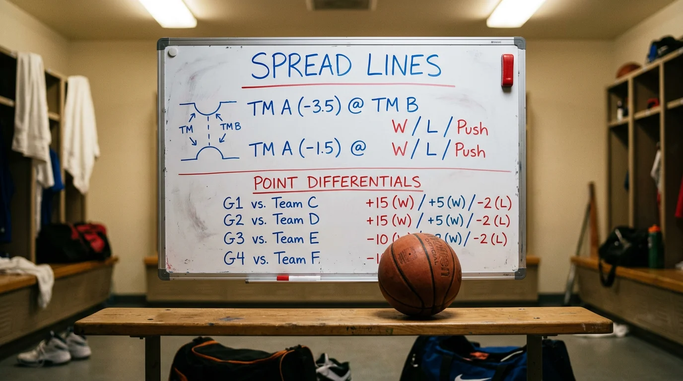 Pizarra táctica con líneas de hándicap asiático y puntuaciones en baloncesto