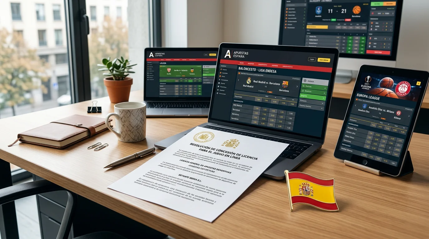 Escritorio con documento de licencia DGOJ y varias pantallas mostrando interfaces de apuestas