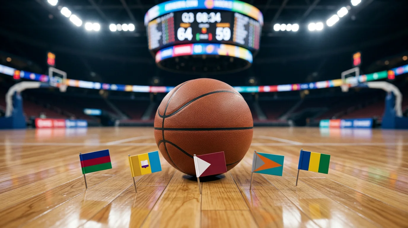 Anillos olímpicos junto a pelota de baloncesto y mapa del cuadro del Mundial FIBA
