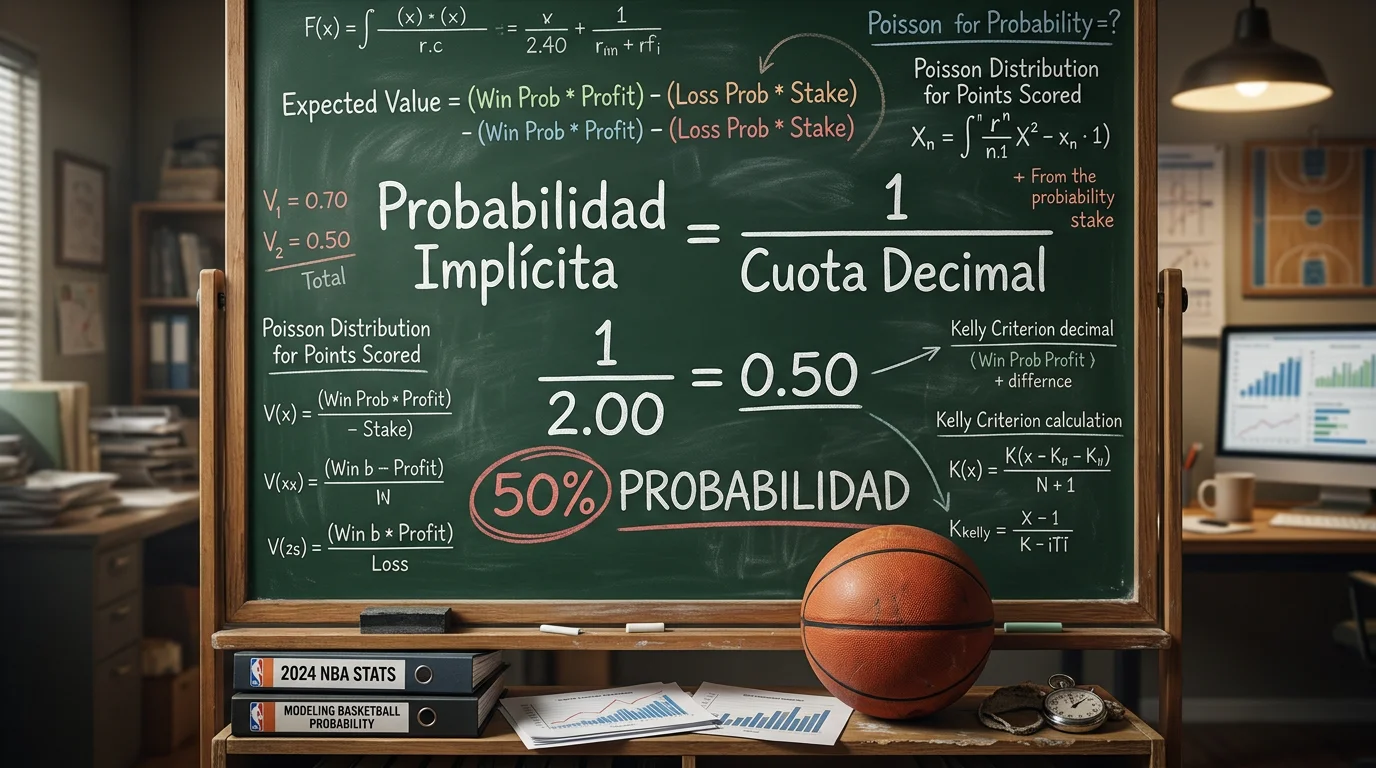 Pizarra con formulas de probabilidad implicita y cuotas de apuestas de baloncesto