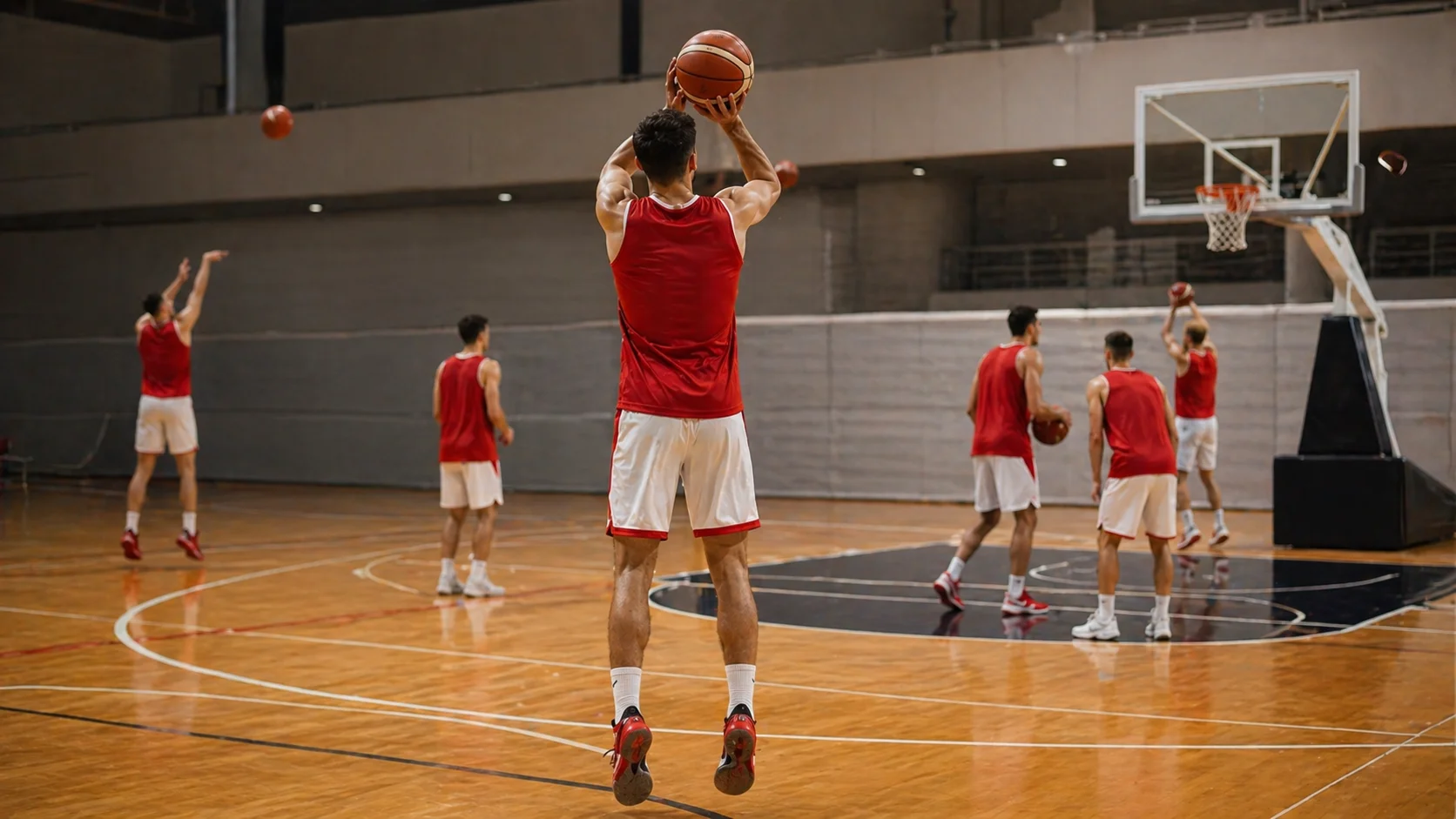 Jugadores de baloncesto de una selección nacional en sesión de entrenamiento