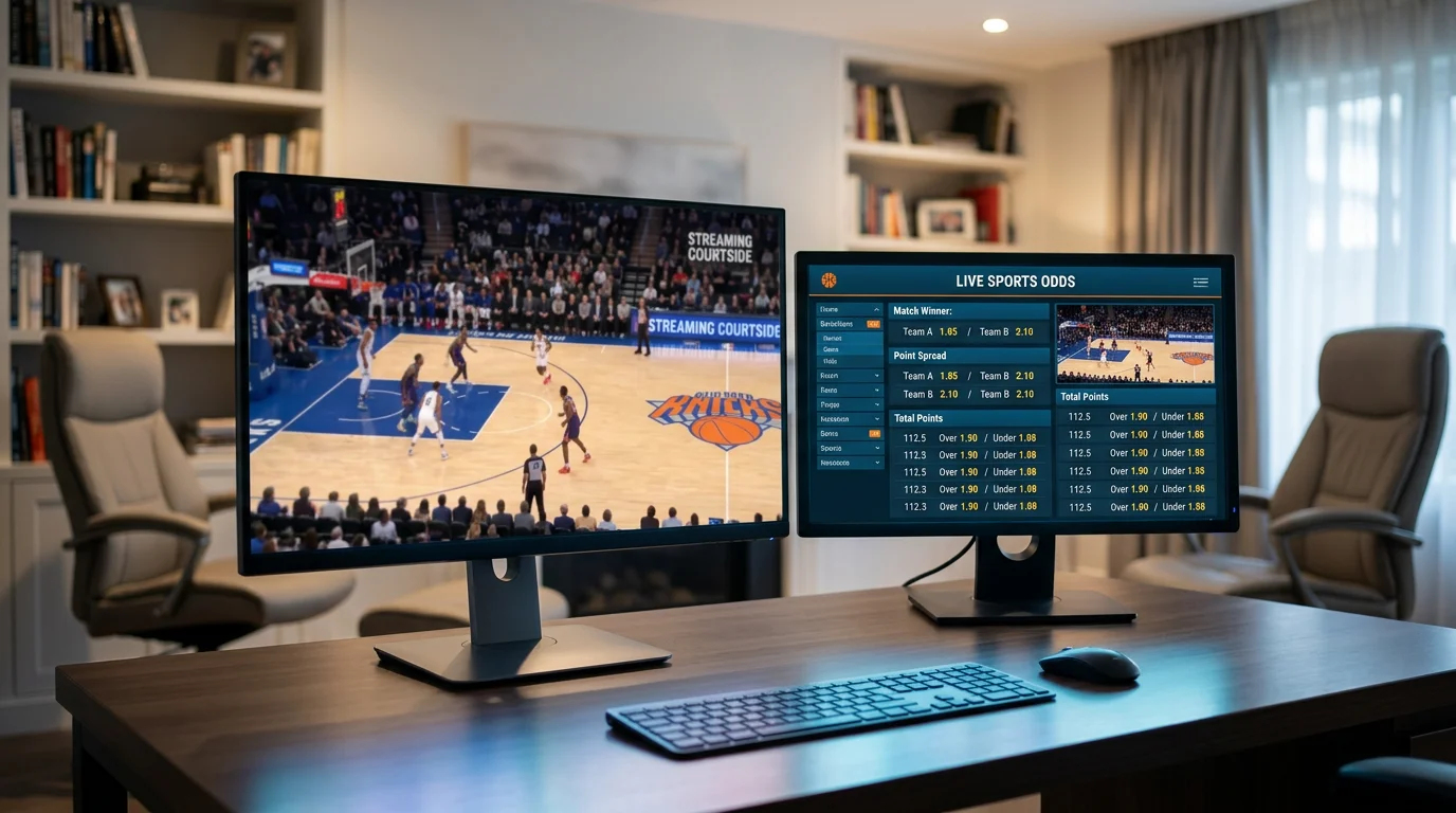 Pantalla mostrando streaming de partido FIBA con panel de apuestas en directo