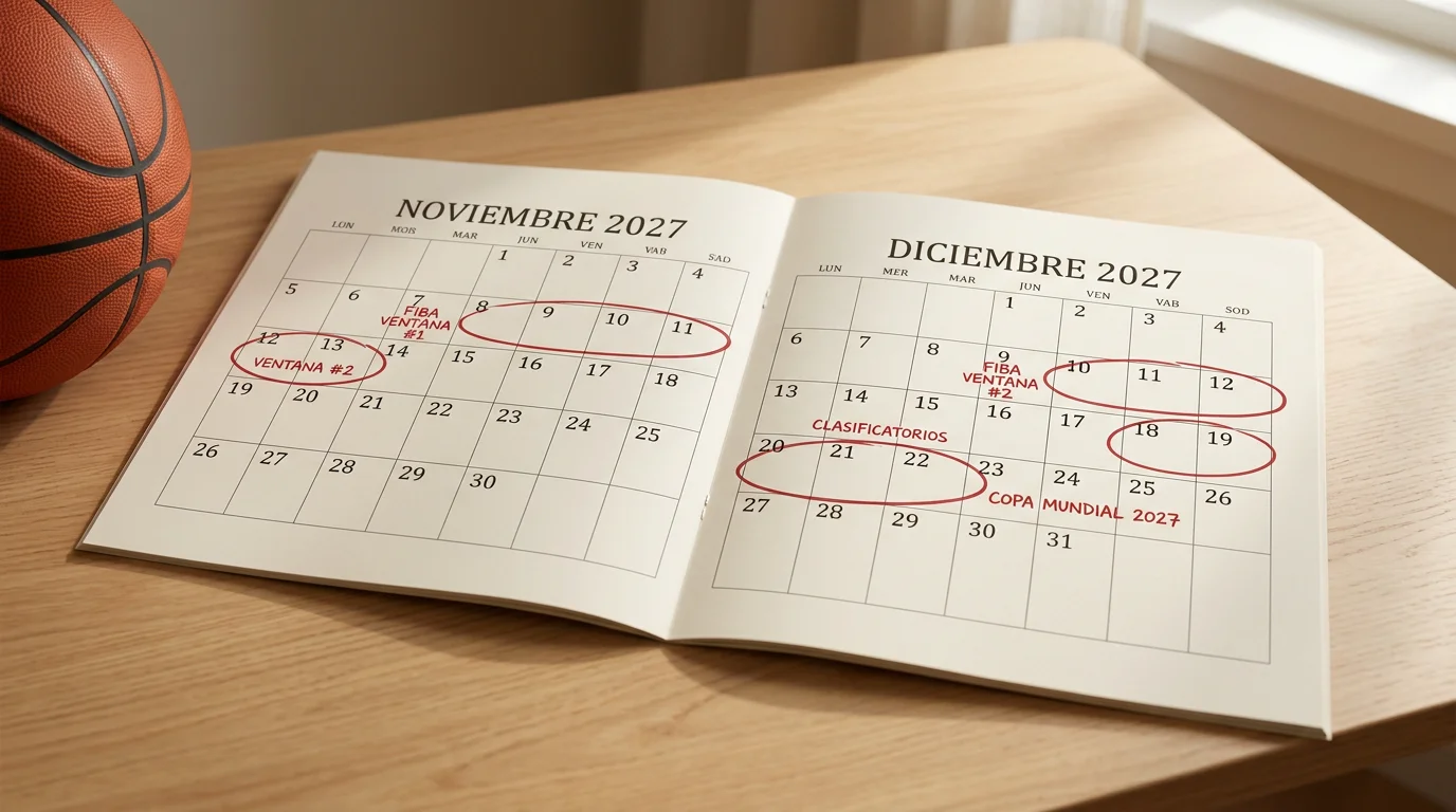 Calendario impreso con fechas de ventanas clasificatorias FIBA marcadas en rojo sobre escritorio